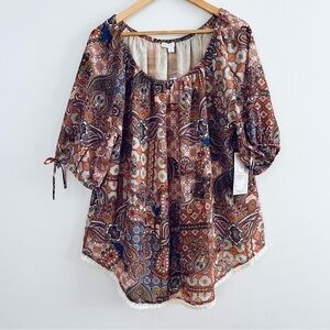 [Dress Barn] Westport Paisley Print Embroidered Trim Over/Off Shoulder Lined Top